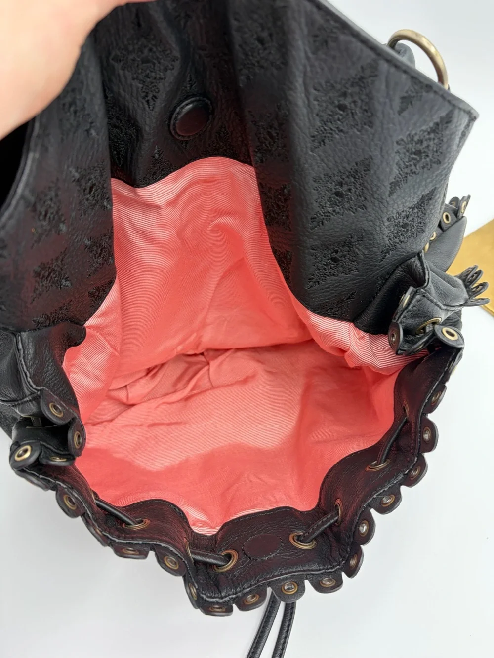 Rare Isabella Fiore Y2K Black Embroidered Leather Drawstring Hobo Bag